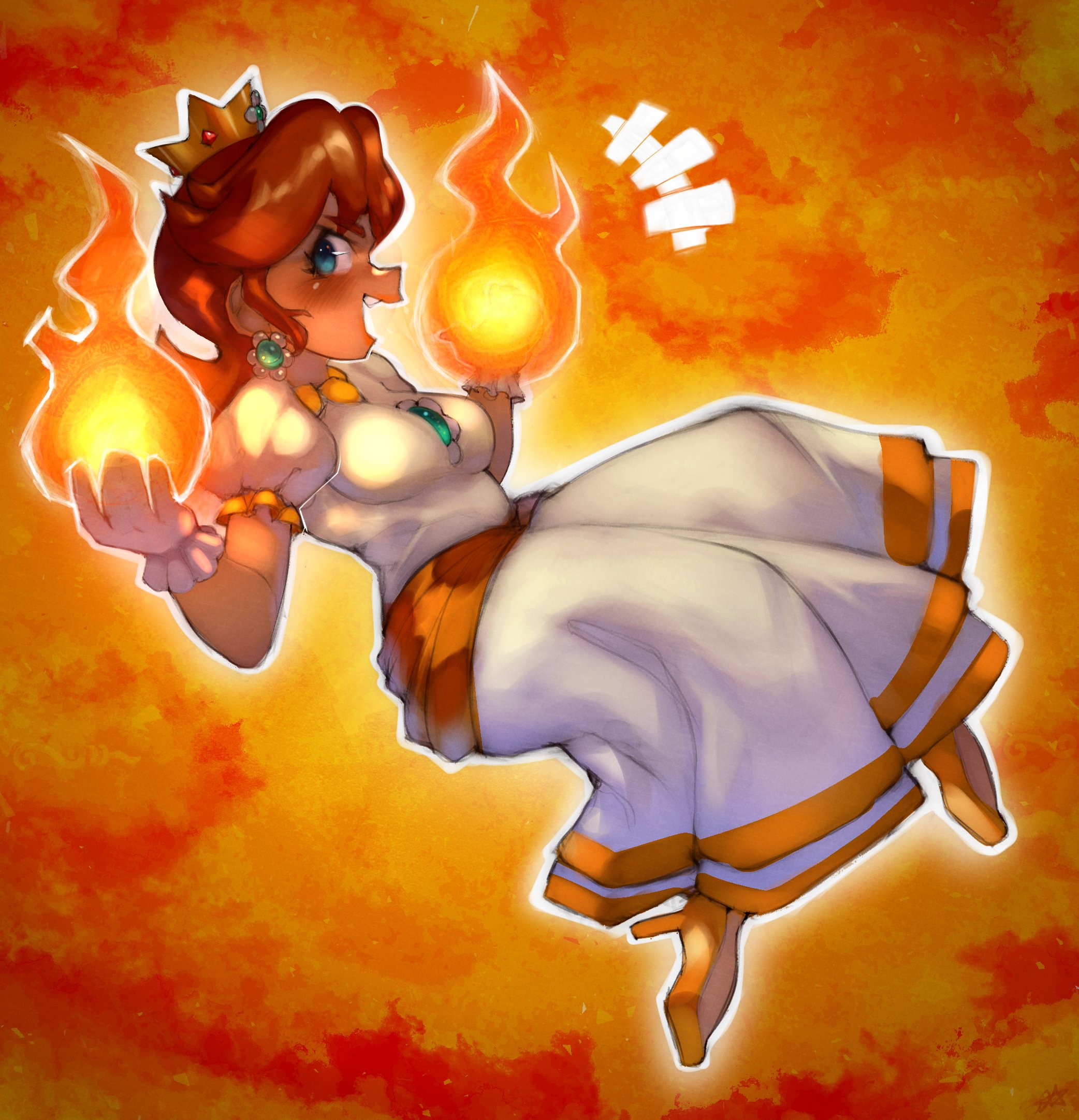 onimiere, fire daisy, princess daisy, mario (series), nintendo, super mario bros. wonder, highres, 1girl, blue eyes, brown hair, crown, dress, earrings, fang, fire, flower earrings, from side, gloves, high heels, jewelry, long hair, orange shoes, pyrokinesis, shoes, two-tone dress, white dress, white gloves