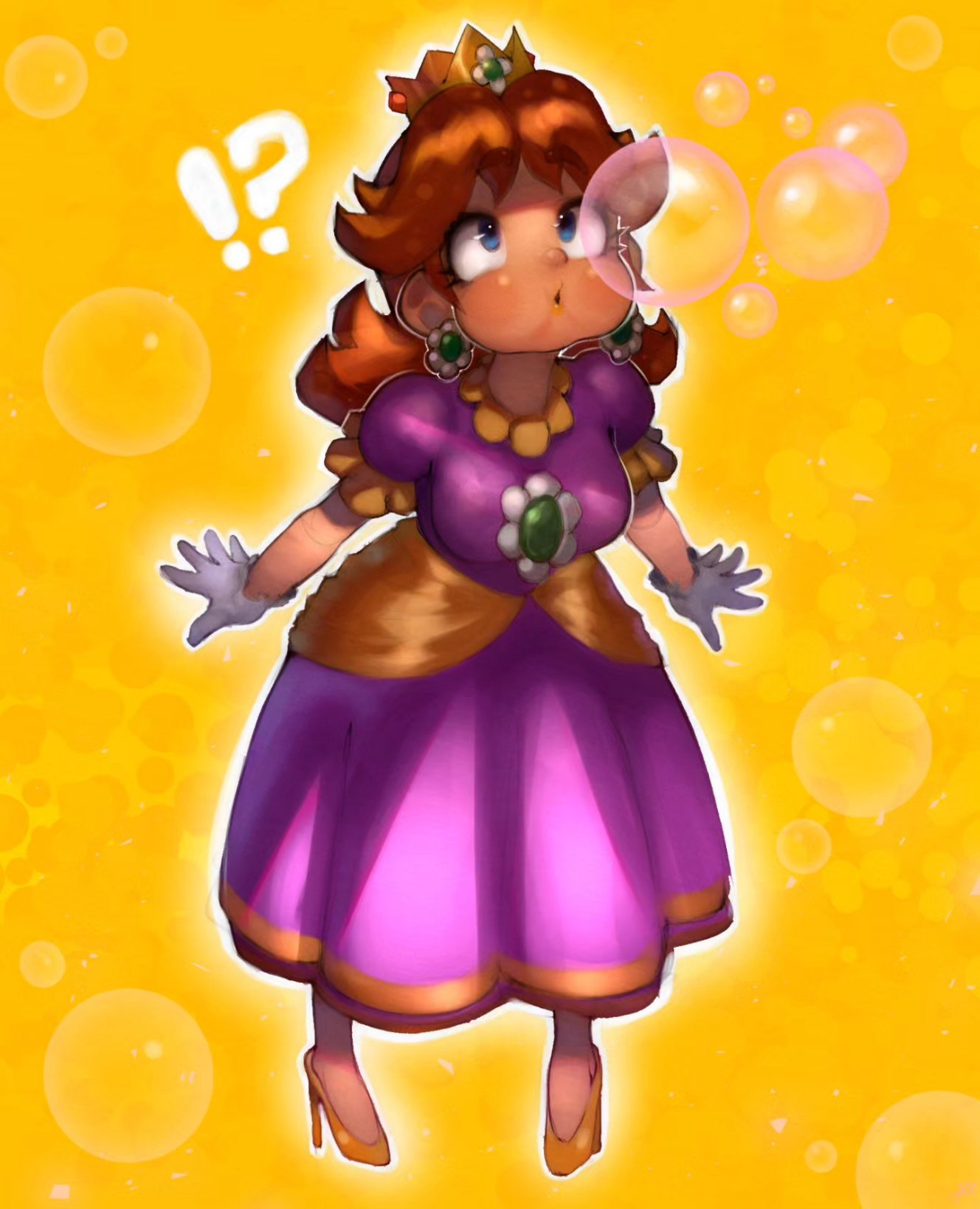 onimiere, bubble daisy, princess daisy, mario (series), nintendo, super mario bros. wonder, highres, !?, 1girl, brown hair, bubble, crown, dress, earrings, flower earrings, gloves, high heels, jewelry, long hair, orange background, puffy short sleeves, puffy sleeves, purple dress, shoes, short sleeves, white gloves, yellow shoes