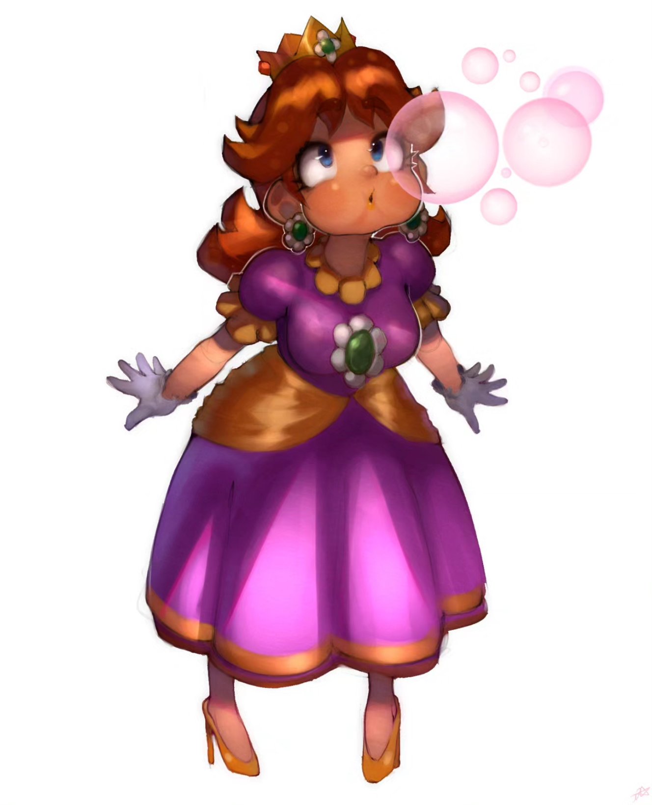 onimiere, bubble daisy, princess daisy, mario (series), nintendo, super mario bros. wonder, highres, 1girl, brown hair, bubble, crown, dress, earrings, flower earrings, gloves, high heels, jewelry, long hair, puffy short sleeves, puffy sleeves, purple dress, shoes, short sleeves, simple background, white background, white gloves, yellow shoes