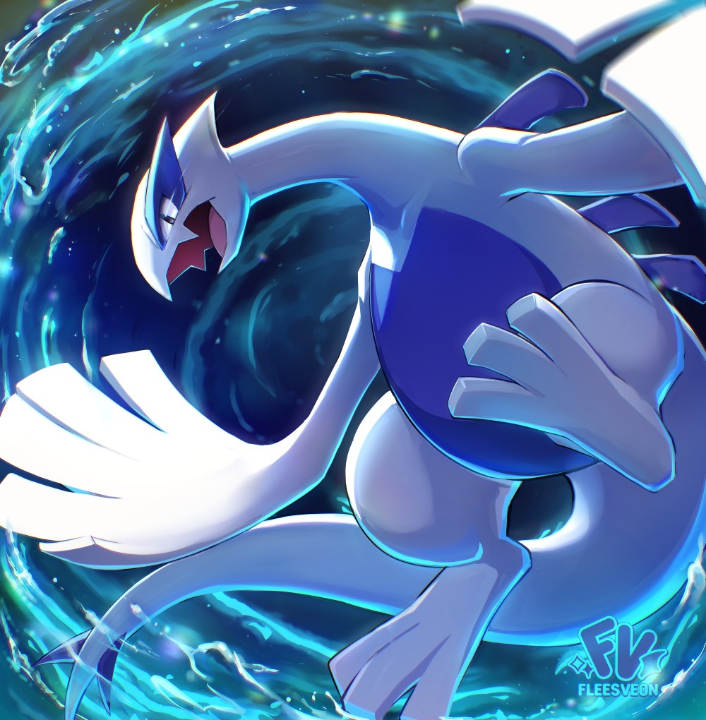 fleesveon, lugia, nintendo, pokemon, artist name, bird, blue background, flying, gen 2 pokemon, legendary pokemon, no humans, open mouth, outdoors, pokemon (creature), solo, water