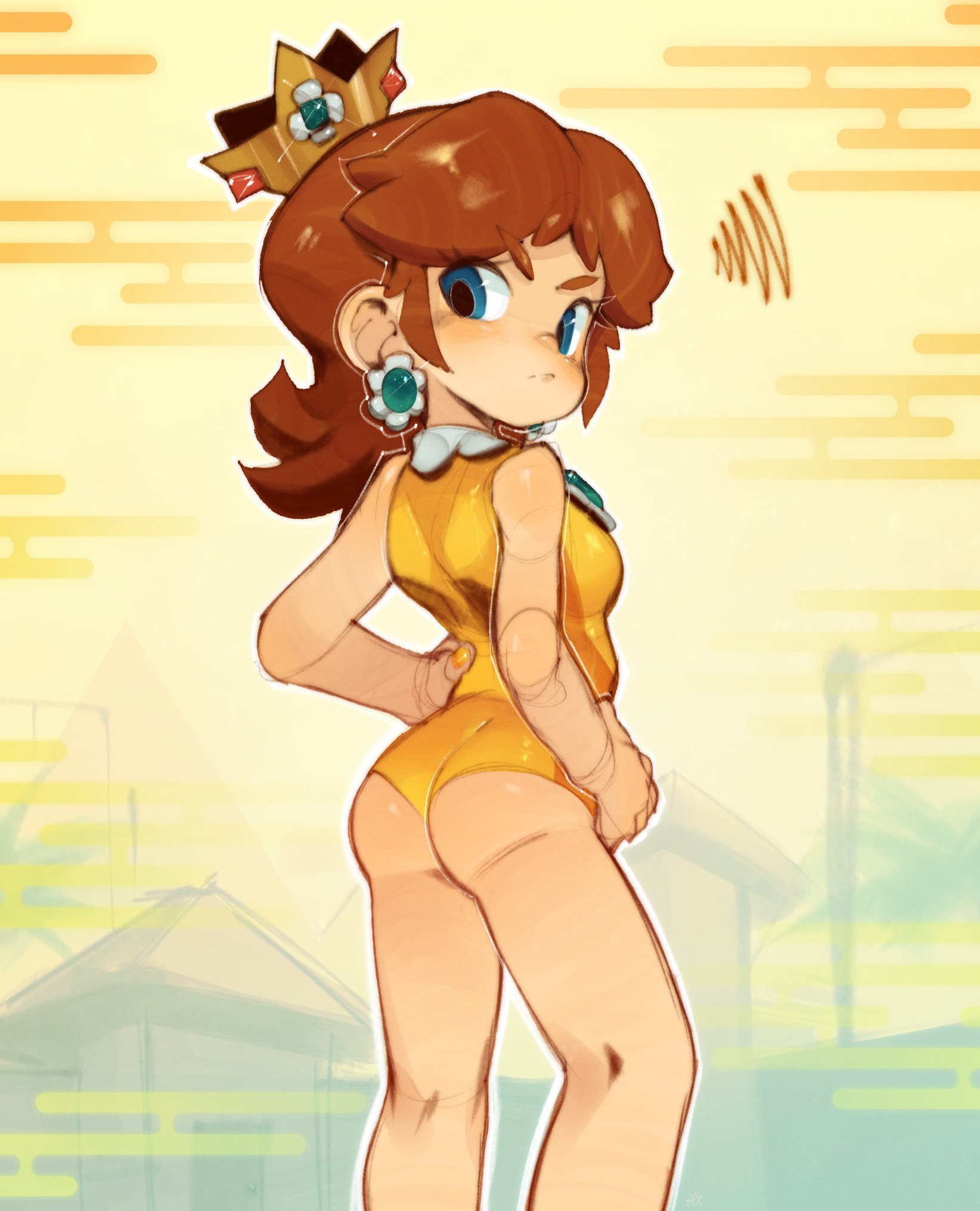 onimiere, princess daisy, mario (series), nintendo, highres, 1girl, ass, blue eyes, brown hair, crown, earrings, flower earrings, hands on own hips, jewelry, leotard, long hair, looking at viewer, looking back, yellow leotard