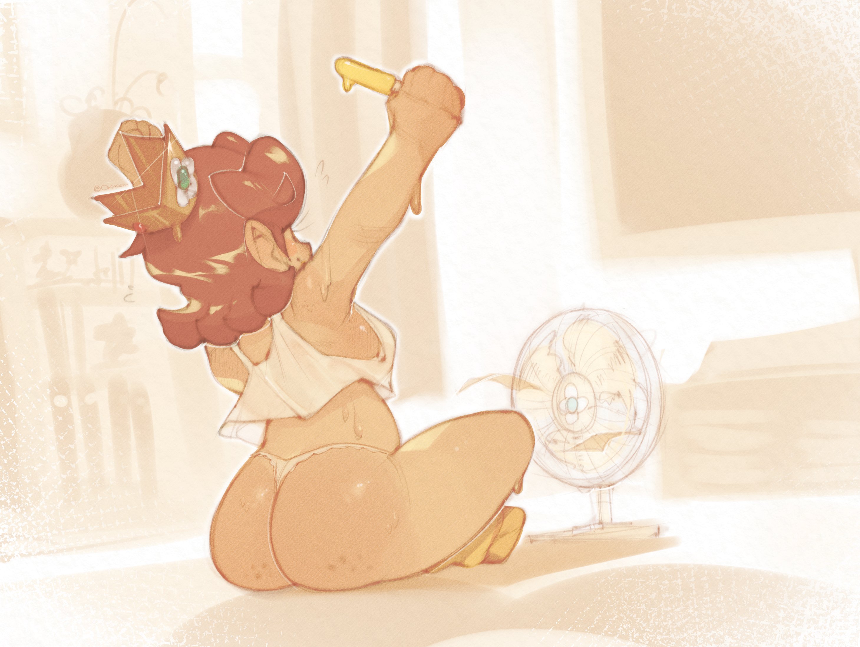 onimiere, princess daisy, mario (series), nintendo, highres, 1girl, ass, brown hair, cropped shirt, crown, electric fan, food, holding, holding food, holding popsicle, long hair, melting popsicle, midriff, panties, popsicle, sitting, summer, sweat, underwear, white panties