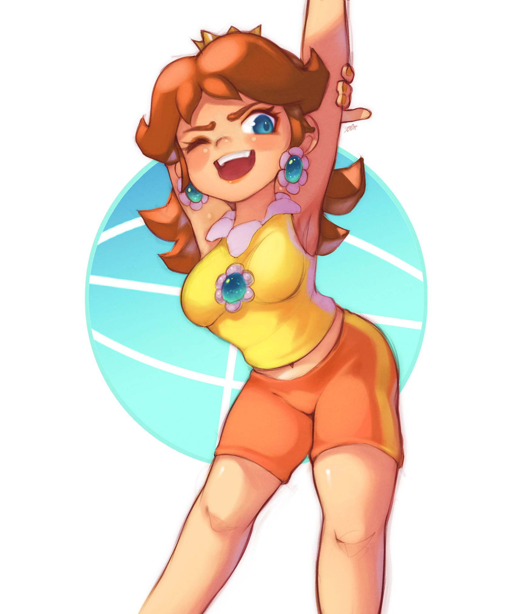 onimiere, princess daisy, mario (series), mario tennis, nintendo, highres, 1girl, blue eyes, breasts, brown hair, crown, earrings, flower earrings, jewelry, long hair, midriff, one eye closed, open mouth, orange shorts, princess daisy (toadstool tour), shorts, smile, stretching