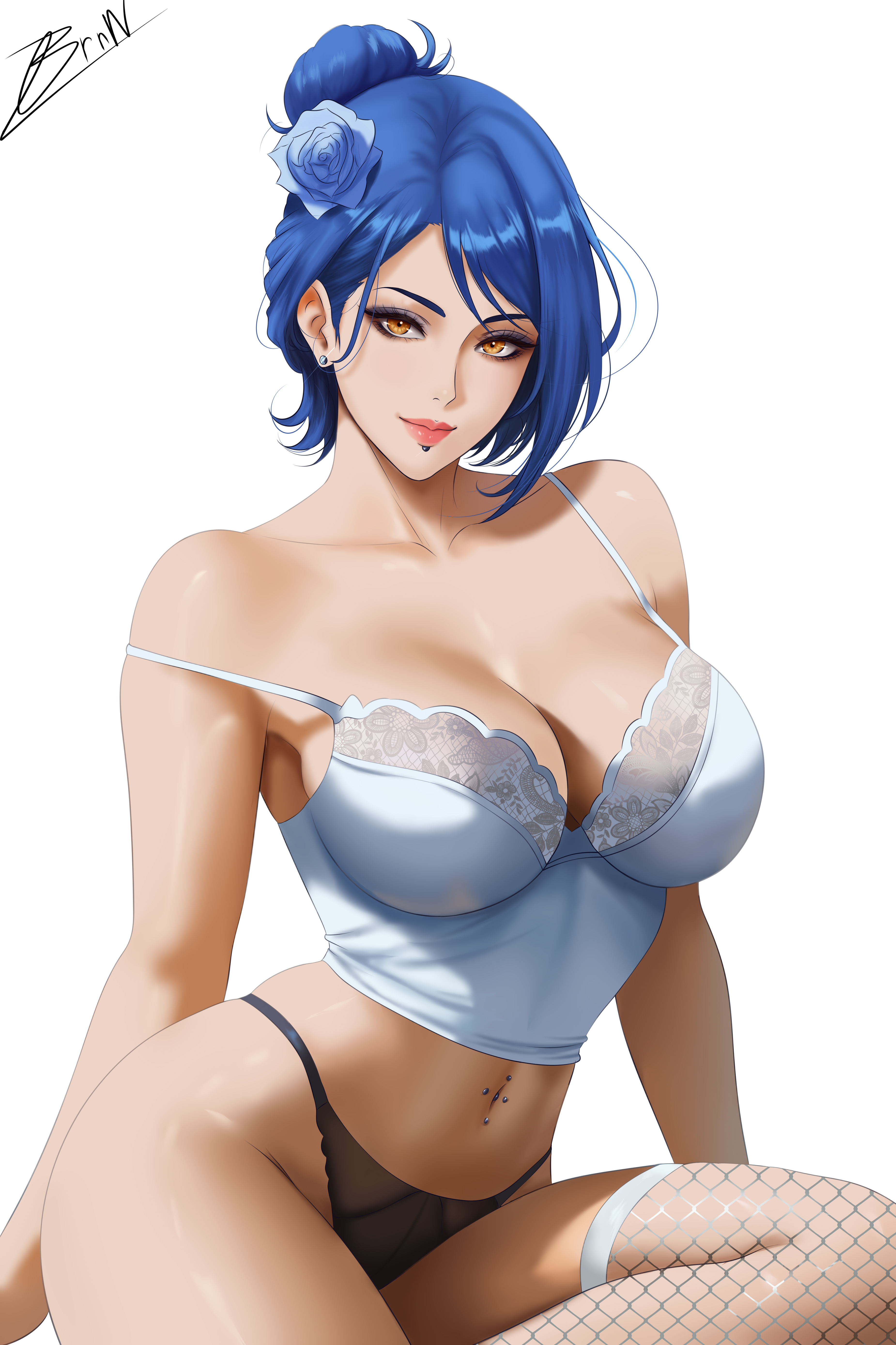 alvsdraws, konan (naruto), naruto (series), naruto shippuuden, absurdres, highres, 1girl, alternate hairstyle, black panties, blue hair, breasts, brown eyes, collarbone, earrings, fishnet thighhighs, fishnets, flower, hair flower, hair ornament, jewelry, large breasts, lingerie, looking at viewer, navel, navel piercing, panties, piercing, single thighhigh, solo, thighhighs, underwear, underwear only, white background