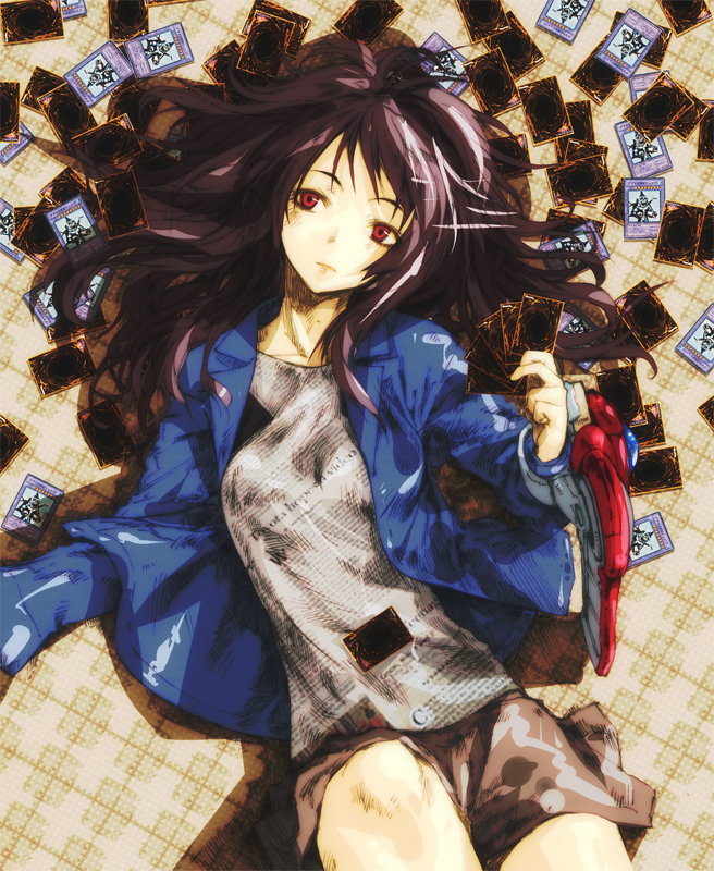 ikuhana niiro, yu-gi-oh!, yu-gi-oh! duel monsters, bad id, bad pixiv id, 1girl, bed, card, card on person, duel disk, duel monster, female focus, holding, holding card, jacket, long hair, lying, person on card, purple hair, red eyes, skirt, solo, too many cards
