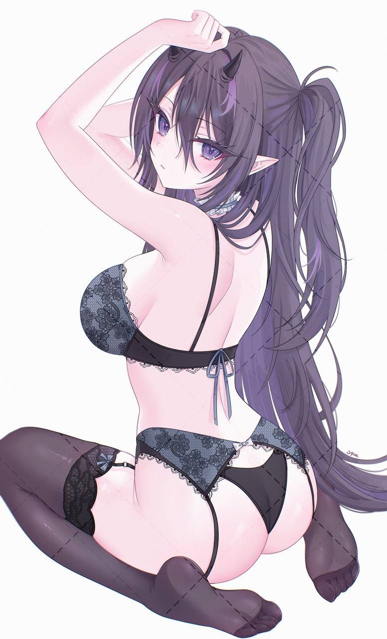 zxcsque, indie virtual youtuber, commentary, highres, 1girl, arms up, ass, bare shoulders, black bra, black hair, black panties, bra, breasts, brown thighhighs, demon horns, from behind, garter belt, horns, lace trim, large breasts, lingerie, long hair, looking at viewer, looking back, no shoes, one side up, panties, pointy ears, purple eyes, simple background, sitting, soles, solo, thighhighs, toes, underwear, underwear only, very long hair, virtual youtuber, wafful (vtuber), wariza, white background