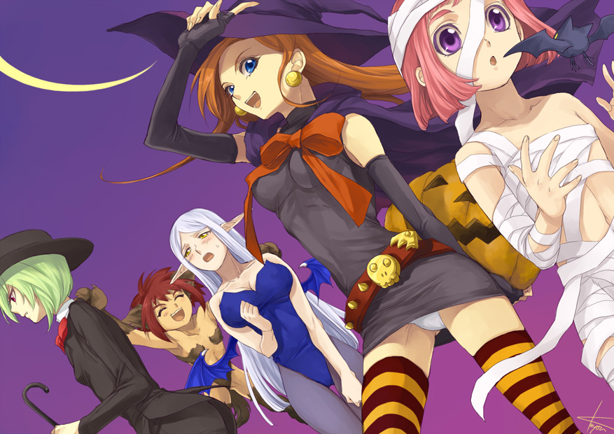 kayou (kayou-bi), original, striped legwear, bad id, bad pixiv id, 5girls, animal ears, bandages, bat (animal), bat wings, belt, blue eyes, cane, cat ears, dutch angle, earrings, elbow gloves, fingerless gloves, gloves, green hair, halloween, hat, jack-o'-lantern, jewelry, multiple girls, orange hair, panties, pantyshot, pink hair, pointy ears, pumpkin, purple eyes, red hair, striped clothes, striped thighhighs, thighhighs, underwear, white hair, wings, witch hat, yellow eyes