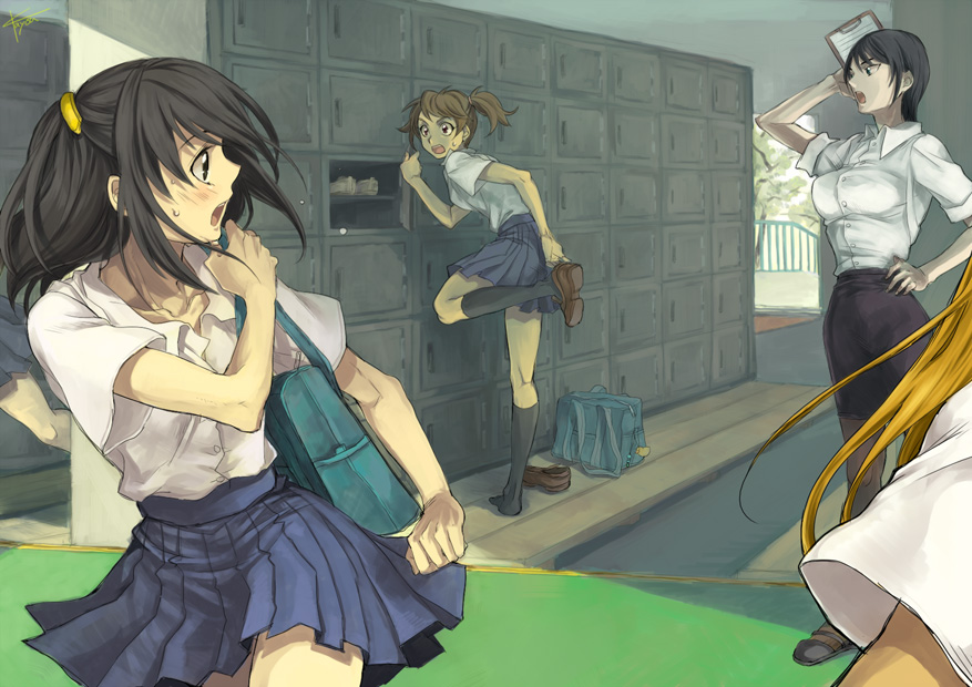 kayou (kayou-bi), original, black legwear, bad id, bad pixiv id, 3girls, bag, clipboard, dressing, hair ornament, hairclip, locker, multiple girls, pantyhose, pencil skirt, running, school uniform, serafuku, shoes, shoulder bag, skirt, teacher, teacher and student, twintails
