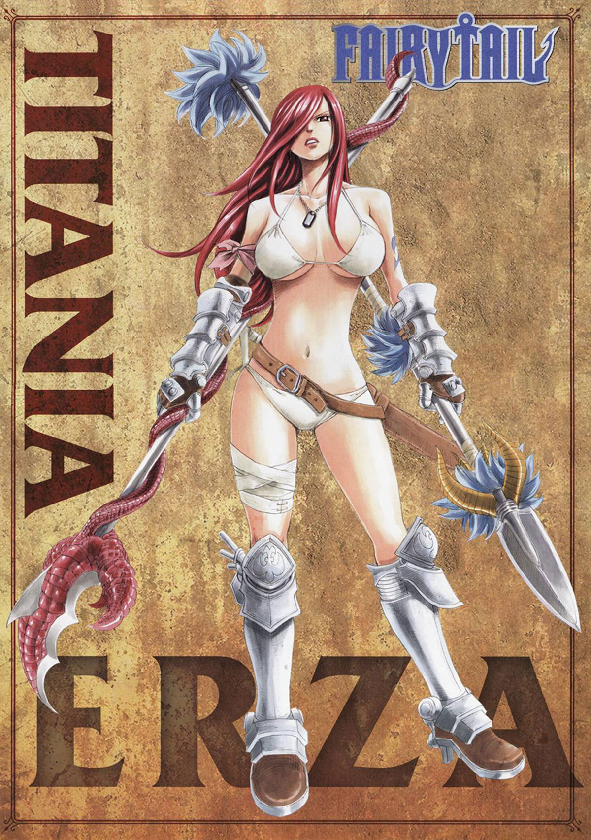 mashima hiro, erza scarlet, fairy tail, framed, highres, official art, scan, 00s, 1girl, angry, arm ribbon, armor, armored boots, bandages, belt, belt skirt, bikini, boots, breasts, breasts apart, character name, clenched teeth, colleen clinkerbeard, copyright name, dog tags, dual wielding, female focus, fur trim, gauntlets, gloves, gradient background, greaves, hair over one eye, high heels, holding, horns, huge breasts, jewelry, knee boots, large breasts, lips, looking at viewer, navel, necklace, ohara sayaka, panties, polearm, red eyes, red hair, ribbon, sheath, sheathed, solo, spear, standing, strap gap, swimsuit, sword, tattoo, teeth, tentacles, underboob, underwear, voice actor connection, weapon, white bikini, wide hips