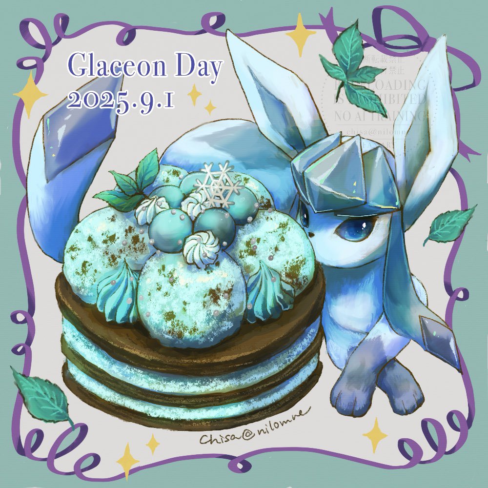 momomo12, glaceon, nintendo, pokemon, commentary request, animal focus, blue eyes, cake, dated, food, food focus, gen 4 pokemon, ice cream, lying, mint, no humans, pokemon (creature), pokemon focus, ribbon, snowflakes, twitter username, whipped cream