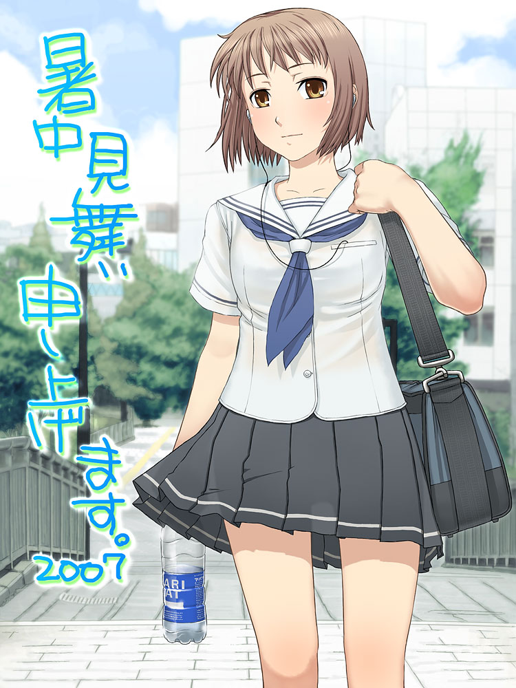 itou (onsoku tassha), lights, bag, bottle, brown eyes, brown hair, cloud, day, railing, rails, scenery, school uniform, serafuku, short hair, shoulder bag, sky, solo, tree