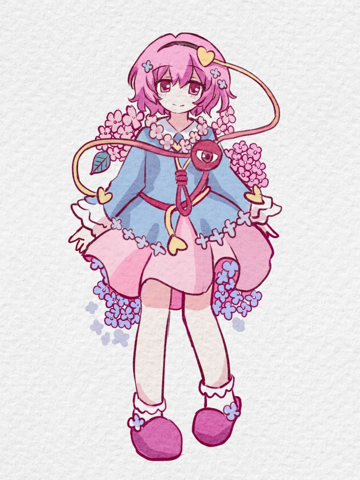 silverrain, komeiji satori, touhou, hashtag-only commentary, highres, 1girl, black hairband, blue shirt, flower, full body, hairband, looking at viewer, pink eyes, pink flower, pink hair, pink skirt, shirt, short hair, simple background, skirt, solo, third eye, white background