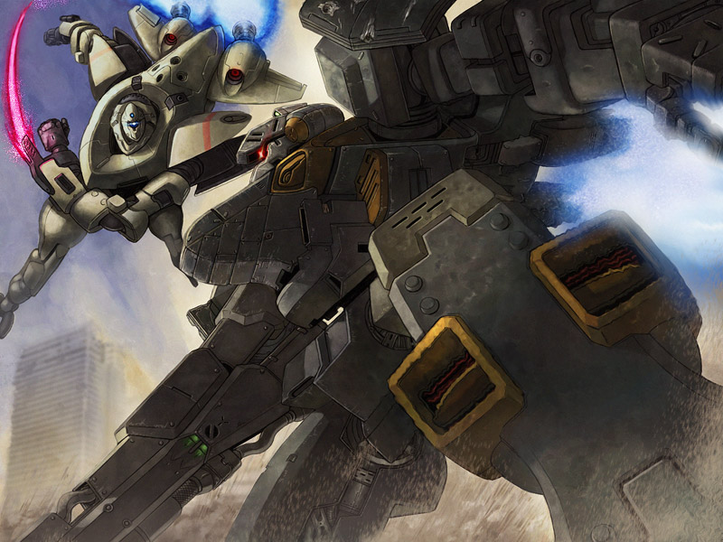 itou (onsoku tassha), armored core, fromsoftware, battle, city, directed-energy weapon, dust, energy, energy blade, energy cannon, energy gun, energy sword, energy weapon, gun, high laser rifle, laser rifle, laser weapon, mecha, mecha focus, robot, sword, weapon