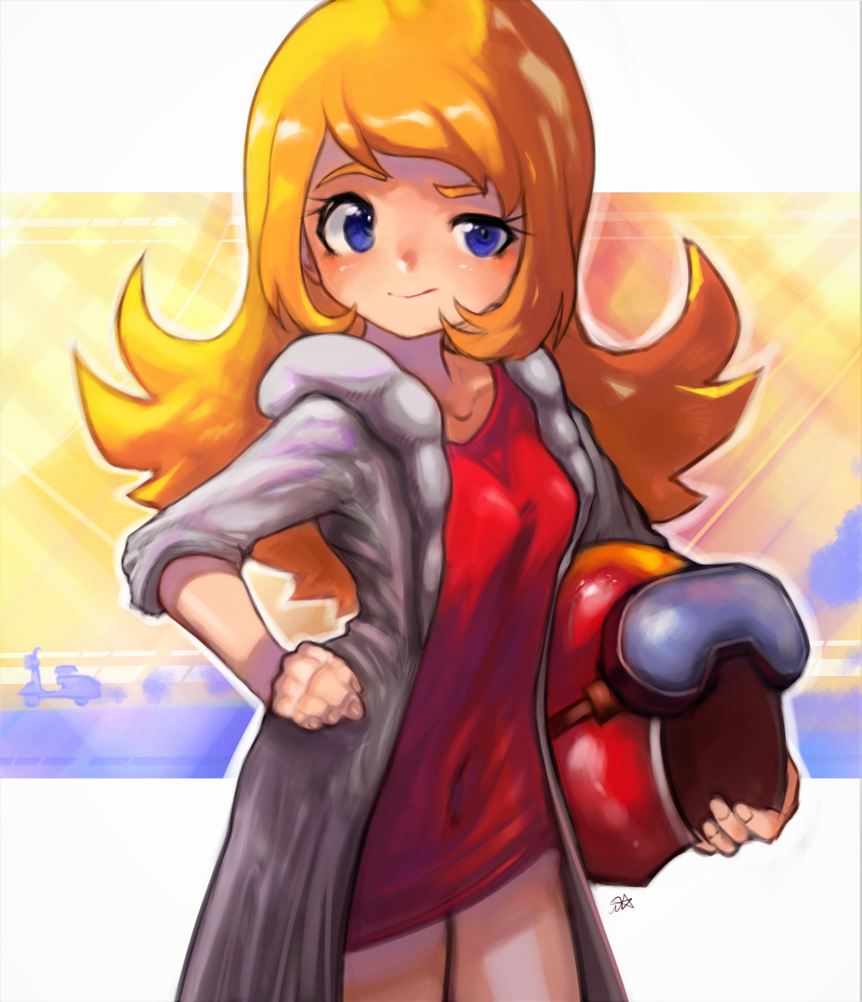 onimiere, mona (warioware), nintendo, warioware, absurdres, highres, 1girl, blue eyes, coat, dress, hand on own hip, helmet, holding, holding unworn helmet, long hair, looking at viewer, motorcycle helmet, orange hair, red dress, smile, unworn headwear, unworn helmet, white coat