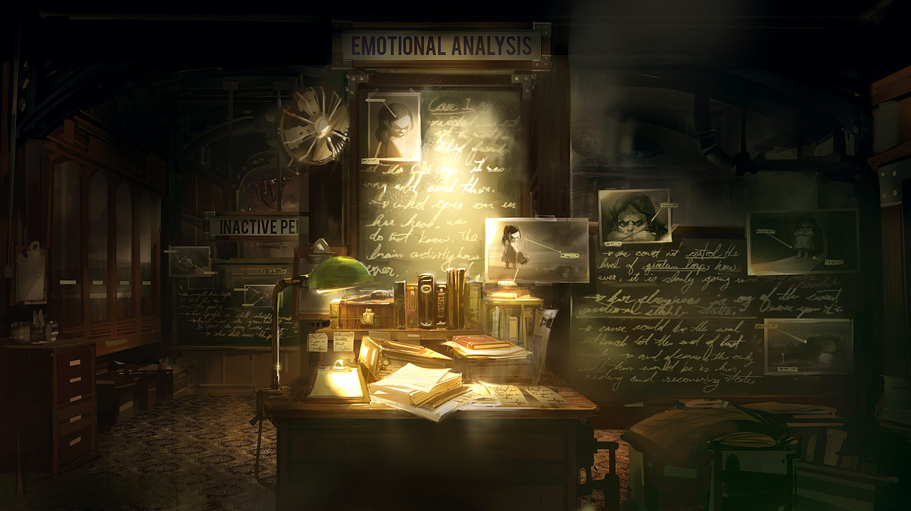ben lo, bioshock, bioshock (series), bioshock infinite, character request, artist self-reference, binder, book, book stack, box, cardboard box, chalkboard, clipboard, cursive, dim lighting, drawer, electric fan, elizabeth tower, english text, indoors, lamp, messy room, mirror, no humans, painterly, paper, photo (object), scenery, spotlight, tape, wooden stool