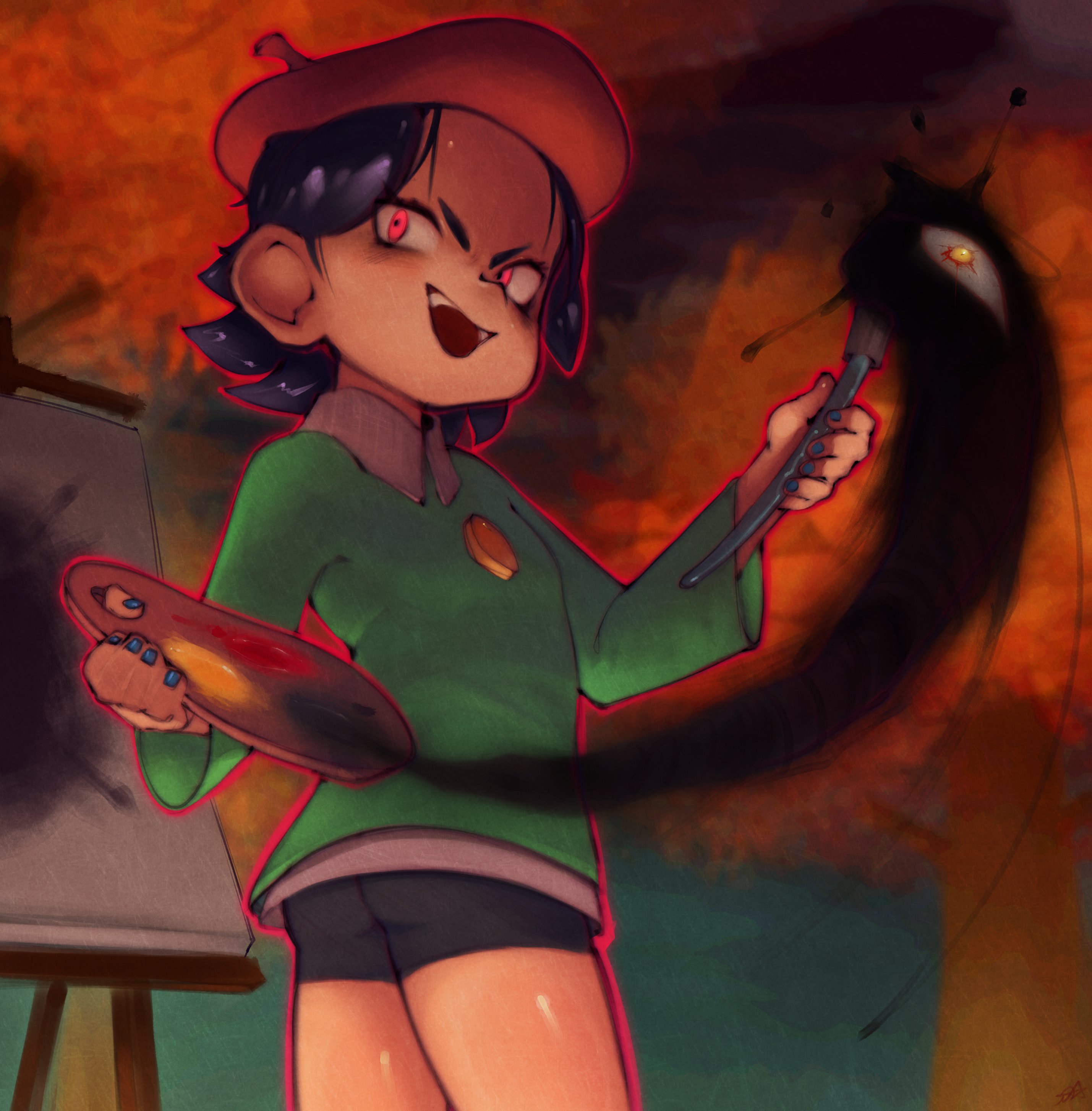 onimiere, adeleine, dark matter (kirby), kirby (series), kirby 64, nintendo, absurdres, highres, 1girl, beret, bike shorts, black hair, canvas (object), evil smile, hat, holding, holding paint palette, holding paintbrush, one-eyed, paint palette, paintbrush, red eyes, red hat, smile