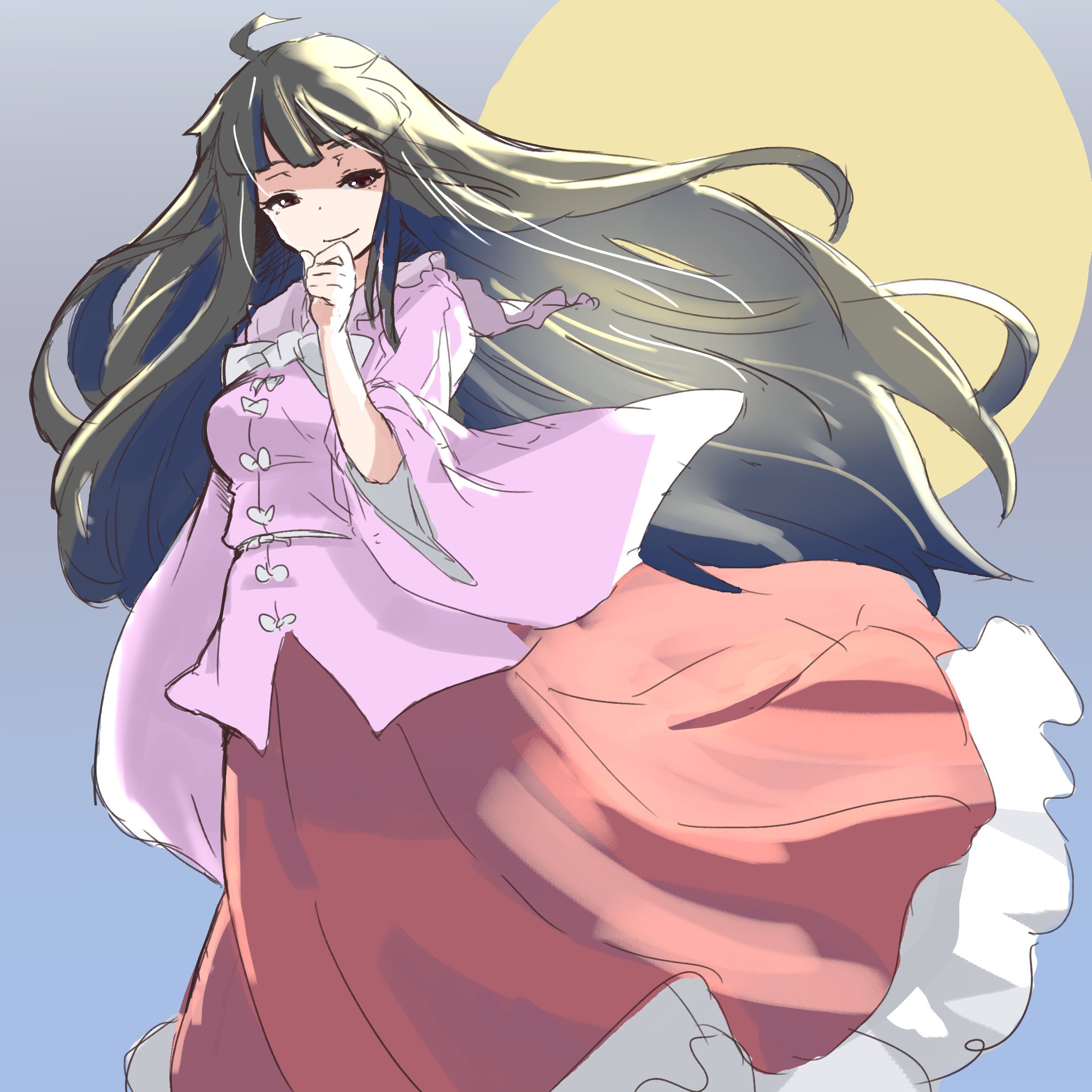 bifidus (exkagerou8665), houraisan kaguya, touhou, commentary, english commentary, highres, 1girl, ahoge, black hair, frilled skirt, frills, huge moon, long hair, looking at viewer, moon, one-hour drawing challenge, pink shirt, red skirt, shirt, skirt, solo