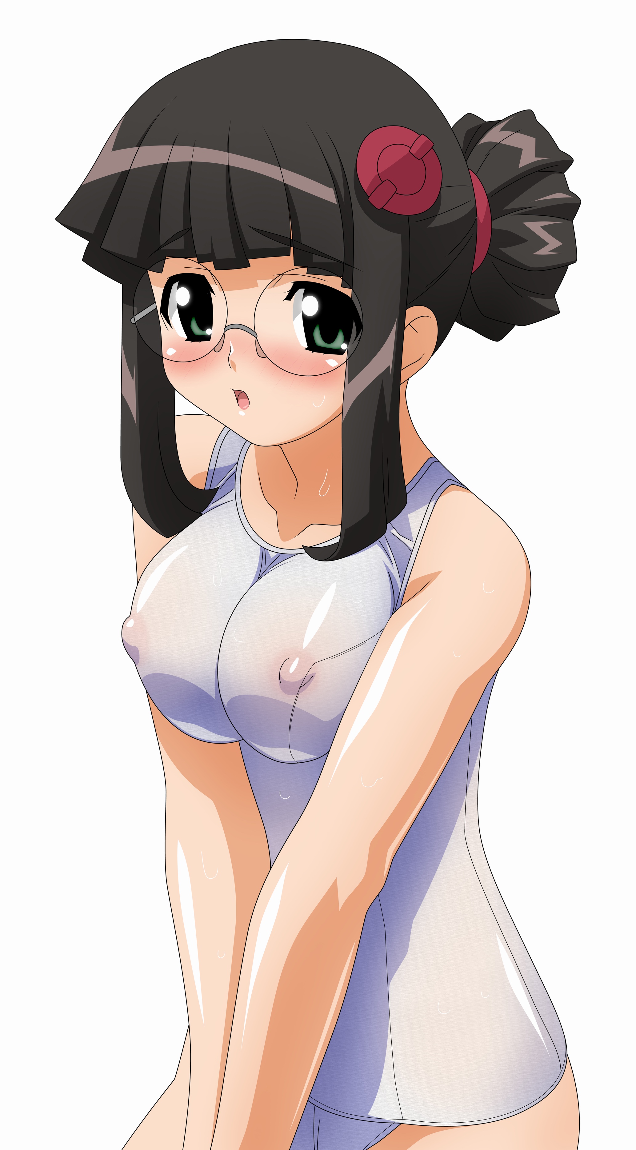 sugimura tomokazu, fujisawa yayoi, fujisawa yayoi (uchuu no stellvia), uchuu no stellvia, absurdres, highres, 00s, 1girl, blunt bangs, breasts, covered erect nipples, cowboy shot, donut hair bun, embarrassed, female focus, from side, hair bun, large breasts, nipples, one-piece swimsuit, raised eyebrows, round eyewear, see-through clothes, simple background, single hair bun, solo, standing, swimsuit, white background, white one-piece swimsuit