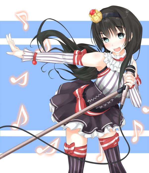 shin (highest1192), saten ruiko, toaru majutsu no index, toaru majutsu no index: endymion no kiseki, 1girl, :d, arm bow, bare shoulders, bent over, black hair, black hairband, black skirt, blue background, blue eyes, blush, bow, breasts, cable, crown, detached sleeves, fang, feet out of frame, frilled skirt, frills, hair between eyes, hairband, hand up, holding, holding microphone, idol, long hair, long sleeves, looking at viewer, medium breasts, microphone, microphone stand, mini crown, miniskirt, musical note, open mouth, outstretched arm, pleated skirt, red bow, skin fang, skirt, smile, solo, standing, striped clothes, striped sleeves, striped tank top, striped thighhighs, tank top, thigh bow, thighhighs, tongue, vertical-striped clothes, vertical-striped sleeves, vertical-striped tank top, vertical-striped thighhighs, waist bow, white sleeves, zettai ryouiki