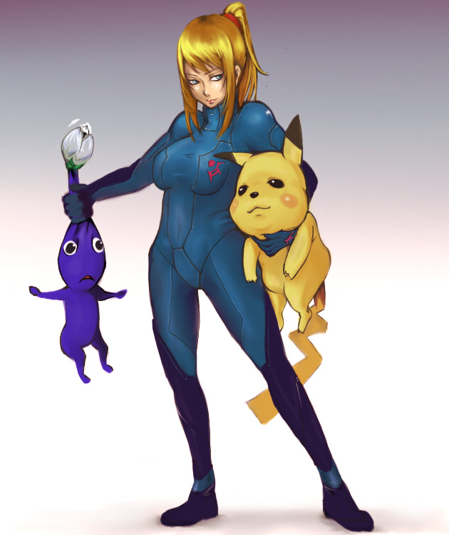 mineji, pikachu, samus aran, metroid, metroid: zero mission, nintendo, pikmin (series), pokemon, super smash bros., bad id, bad pixiv id, 1girl, blonde hair, blue eyes, bodysuit, gen 1 pokemon, pikmin (creature), pokemon (creature), ponytail, skin tight, smile, zero suit