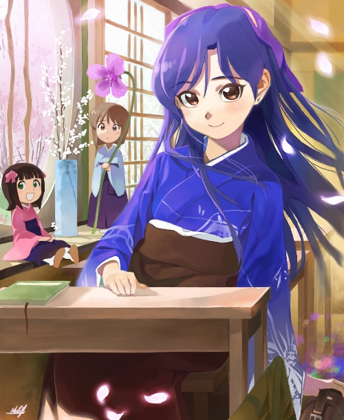 umi no manateii, amami haruka, hagiwara yukiho, kisaragi chihaya, idolmaster, idolmaster (classic), idolmaster 1, bad id, bad pixiv id, 00s, 3girls, black hair, blue hair, brown eyes, brown hair, chalkboard, desk, indoors, japanese clothes, kimono, long hair, looking at viewer, multiple girls, petals, sash, short hair, sitting, sliding doors, solo focus, table, vase, very long hair