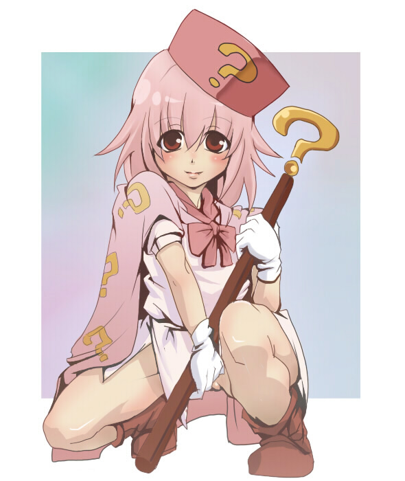 mineji, hatena yousei, benesse, bad id, bad pixiv id, 1girl, cape, female focus, hat, no panties, pink hair, red eyes, solo, squatting