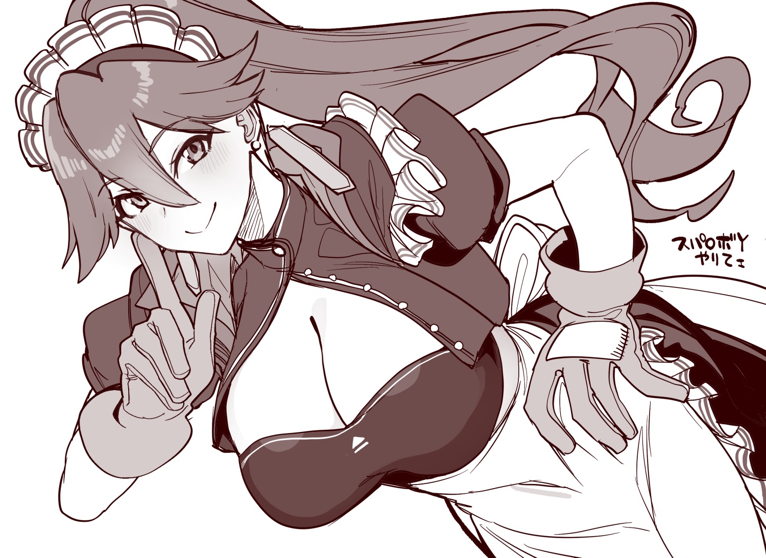 tsukinami kousuke, super robot wars, super robot wars y, 1girl, apron, breasts, cleavage, earrings, finger to cheek, jewelry, large breasts, long hair, maid apron, maid headdress, monochrome, ponytail, smile, work gloves, wren (srw)