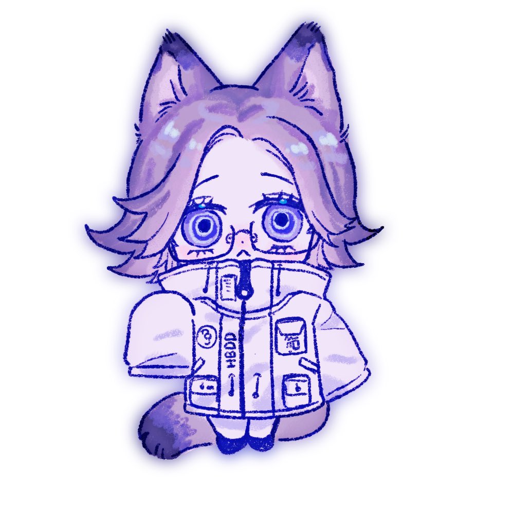 aotsuki eito, the hundred line -last defense academy-, commentary, english commentary, 1boy, animal ears, breast pocket, cat boy, cat ears, cat tail, chibi, chibi only, glasses, grey hair, jacket, kemonomimi mode, looking at viewer, male focus, niaofuyan, pocket, purple eyes, short hair, simple background, sleeves past fingers, sleeves past wrists, solo, tail, white background, zipper pull tab