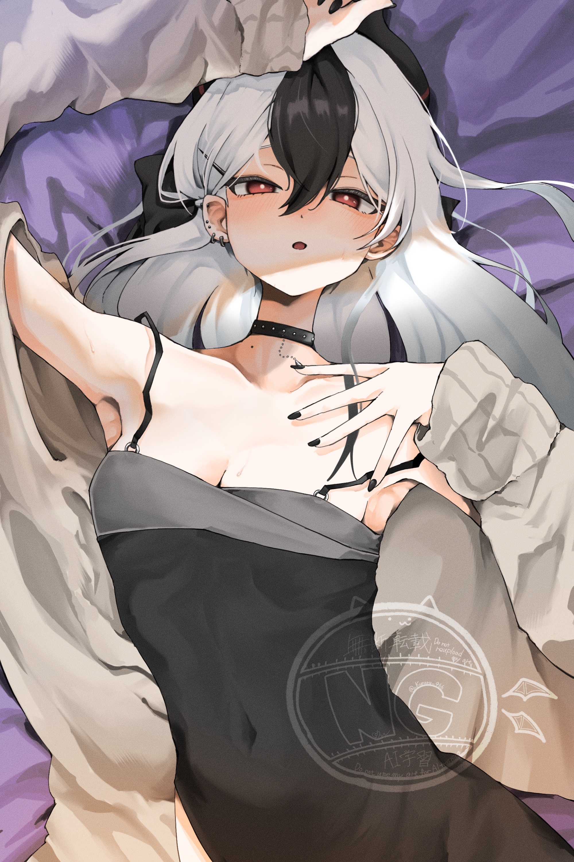 966 kururu 966, kayoko (blue archive), kayoko (dress) (blue archive), blue archive, absurdres, commentary request, highres, 1girl, arm up, armpits, black choker, black dress, black hair, black horns, black nails, blush, breasts, bright pupils, brown jacket, cardigan, choker, cleavage, collarbone, covered navel, cowboy shot, dress, ear piercing, grey hair, hair between eyes, hair ornament, hair spread out, hairclip, horns, jacket, long hair, long sleeves, looking at viewer, lying, mole, mole on neck, multicolored hair, nail polish, official alternate costume, official alternate hairstyle, on back, on bed, open cardigan, open clothes, open mouth, piercing, red eyes, small breasts, solo, tsurime, two-tone hair, watermark, white pupils