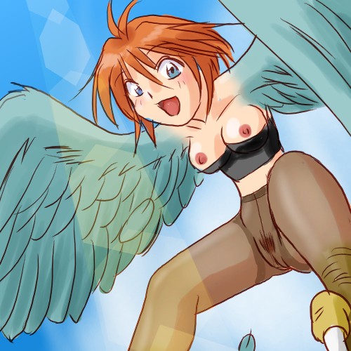 lowres, 1girl, blue eyes, breasts, brown hair, feathers, female focus, female pubic hair, harpy, monster girl, nipples, open mouth, pantyhose, pubic hair, pussy, see-through clothes, short hair, smile, solo, strapless, talons, tube top, wings
