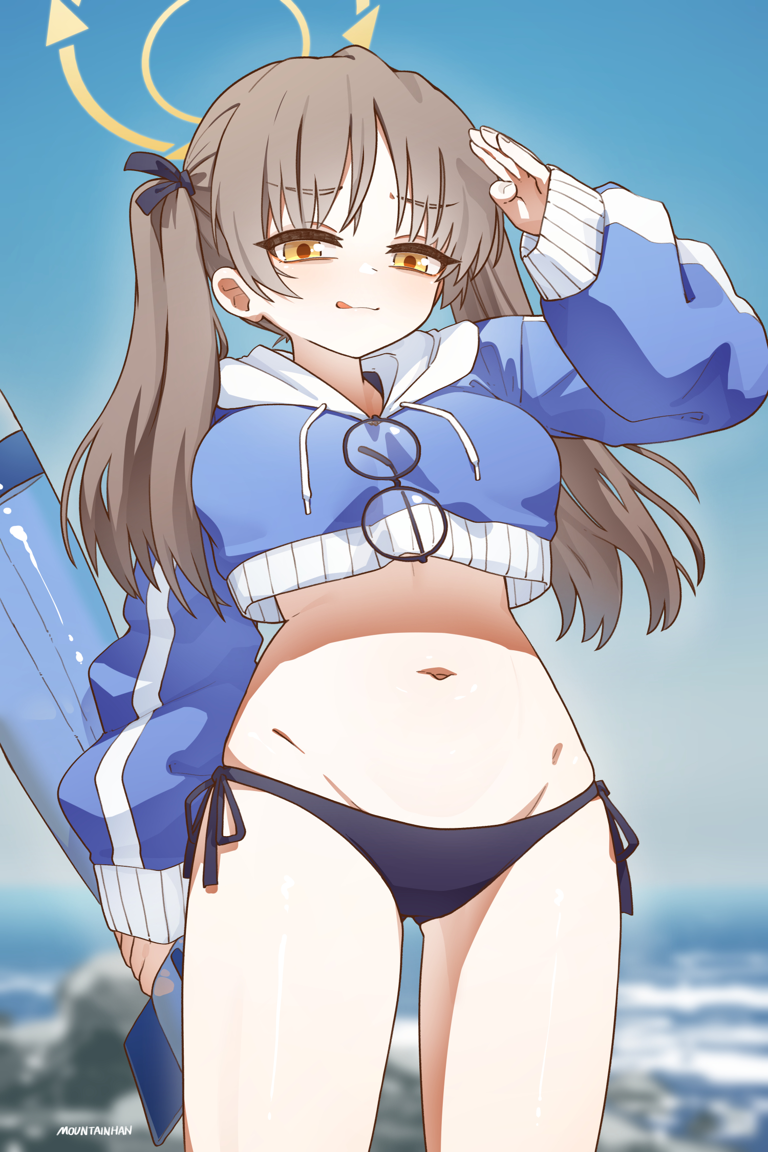 mountain han, moe (blue archive), moe (swimsuit) (blue archive), blue archive, highres, 1girl, :q, bikini, blue hoodie, brown hair, closed mouth, cowboy shot, cropped hoodie, eyewear hang, glasses, halo, hood, hoodie, inflatable torpedo, long hair, looking at viewer, navel, salute, side-tie bikini bottom, sleeves past wrists, smile, solo, stomach, swimsuit, tongue, tongue out, twintails, unworn eyewear, yellow eyes, yellow halo