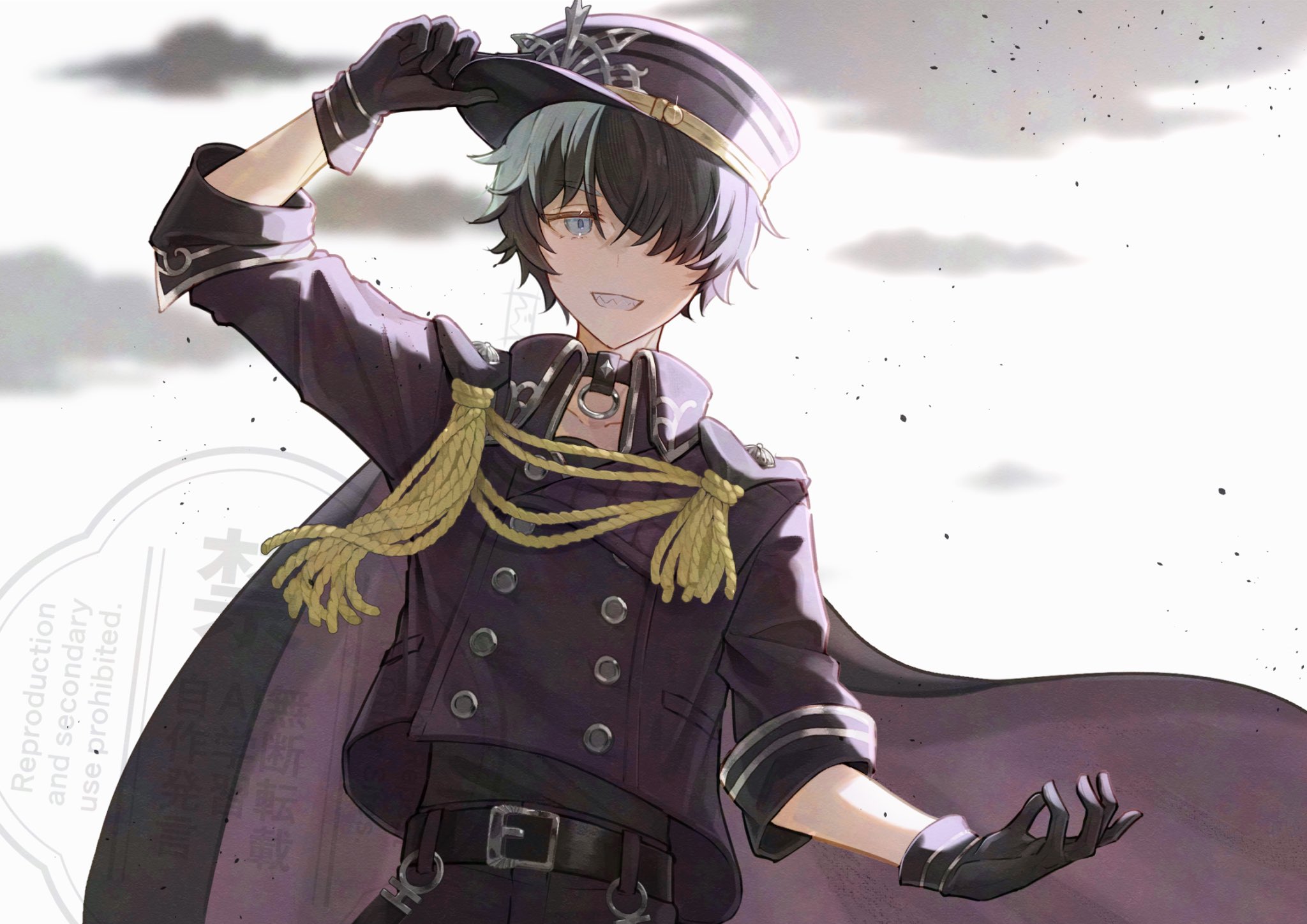 ragu piyopiyo, rune factory, rune factory: guardians of azuma, commentary request, highres, 1boy, aiguillette, belt, belt buckle, black belt, black cape, black collar, black gloves, black hair, blue eyes, buckle, buttons, cape, cloud, collar, cowboy shot, double-breasted, gloves, hair over one eye, hand on headwear, hand up, hat, hound (rune factory), long sleeves, looking at viewer, male focus, o-ring collar, pants, peaked cap, short hair, smile, solo