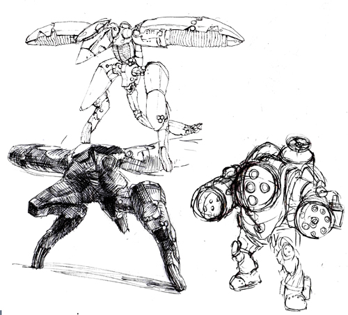 volo, big daddy (bioshock), metal gear ray, bioshock, bioshock (series), bioshock 1, metal gear (series), metal gear solid, metal gear solid 2: sons of liberty, bad id, bad pixiv id, lowres, crossover, greyscale, mecha, monochrome, no humans, non-humanoid robot, robot, sketch