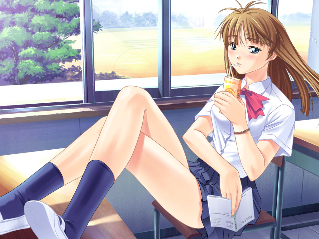 jiyuuyuu, original, bad id, bad pixiv id, 1girl, blue eyes, book, brown hair, classroom, crossed legs, desk, female focus, indoors, juice box, long hair, school, school desk, school uniform, serafuku, sitting, skirt, socks, solo