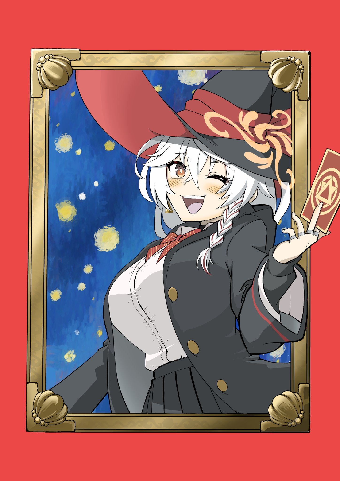 eri (blue archive), blue archive, starry night, :d, blush stickers, bow, bowtie, braid, card, earrings, halo, hat, holding, holding card, jacket, jewelry, long coat, long hair, one eye closed, open mouth, orange eyes, painting (object), picture frame, ring, shirt, skirt, smile, sweater, van gogh, white hair, wink, witch hat