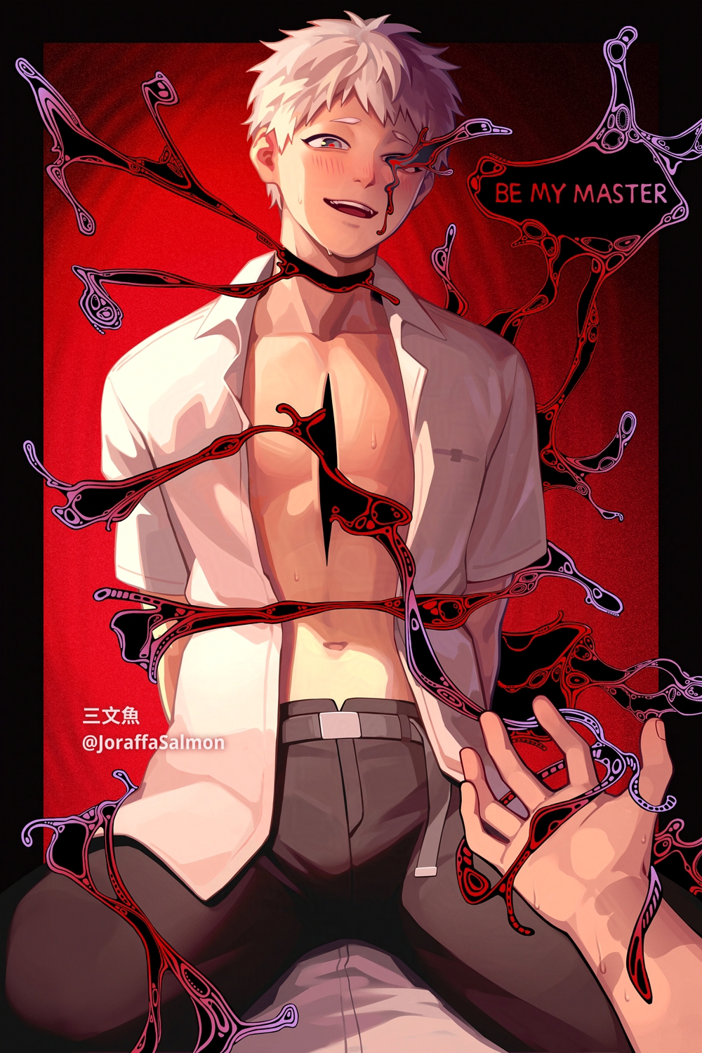 salmon (657931354), indou hikaru, tsujinaka yoshiki, hikaru ga shinda natsu, commentary request, highres, 2boys, arms behind back, blush, body horror, boy on top, collarbone, collared shirt, english text, male focus, multiple boys, navel, open clothes, open mouth, open shirt, red pupils, shirt, short hair, short sleeves, solo focus, speech bubble, teeth, tongue, twitter username, upper teeth only, white hair, white shirt
