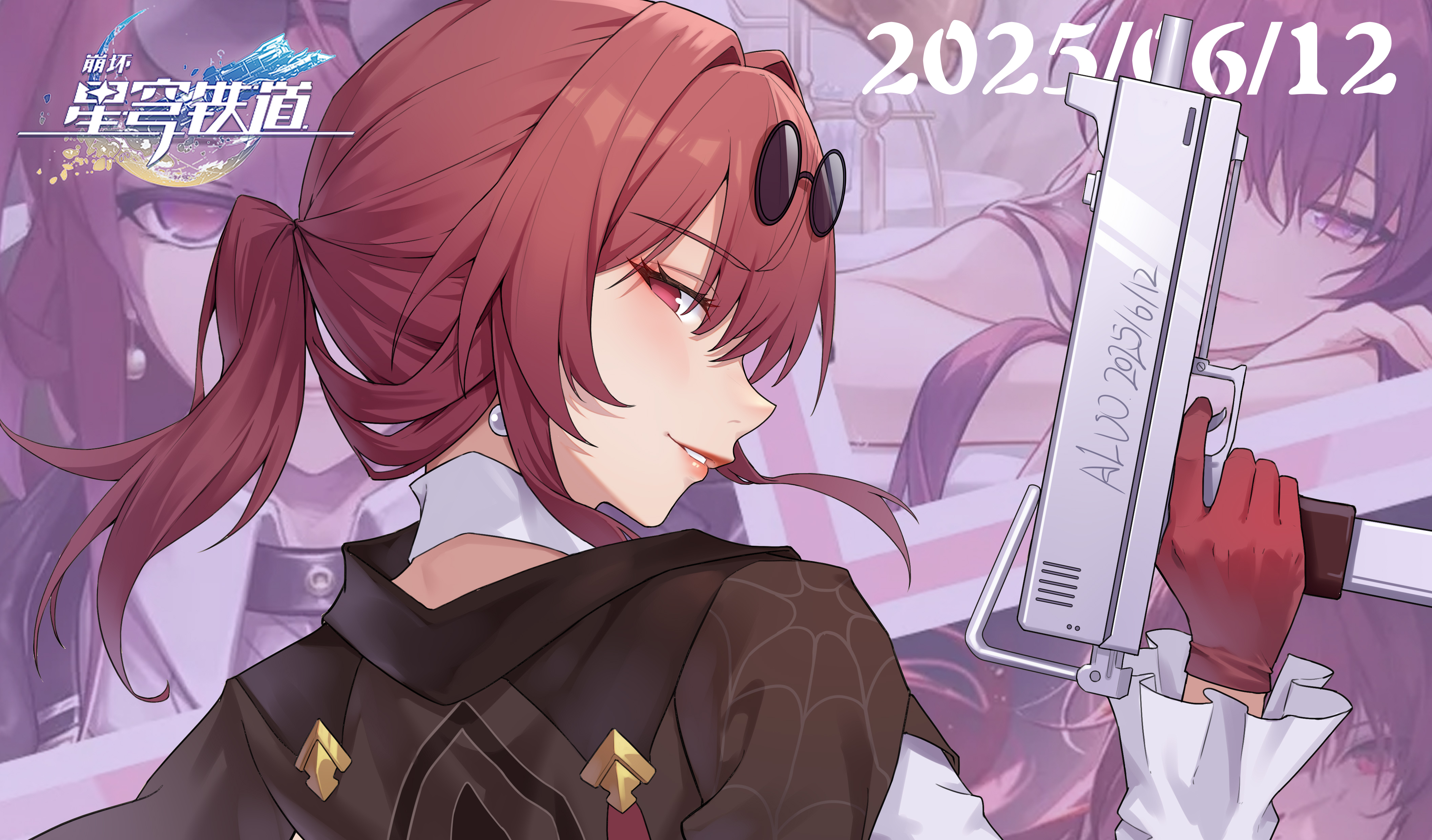aluo 7762, kafka (honkai: star rail), honkai: star rail, honkai (series), absurdres, highres, 1girl, artist name, collage background, copyright name, dated, earrings, eyewear on head, finger on trigger, gloves, gun, holding, holding gun, holding weapon, jacket, jewelry, logo, long sleeves, looking at viewer, looking back, ponytail, profile, purple eyes, purple gloves, purple hair, round eyewear, shirt, signature, single earring, smile, solo, submachine gun, sunglasses, uzi, weapon, white shirt