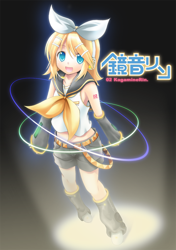komone ushio, kagamine rin, vocaloid, bad id, bad pixiv id, 1girl, :d, aqua eyes, arm warmers, arms at sides, belt, black background, black shorts, blonde hair, blouse, blue eyes, bow, character name, female focus, full body, hair bow, hair ornament, hairclip, headphones, headset, leg warmers, legs apart, looking at viewer, microphone, open mouth, ribbon, sailor collar, shirt, short hair, shorts, sleeveless, smile, solo, standing, swept bangs, tattoo, ukomone, white bow, white shirt, yellow ribbon