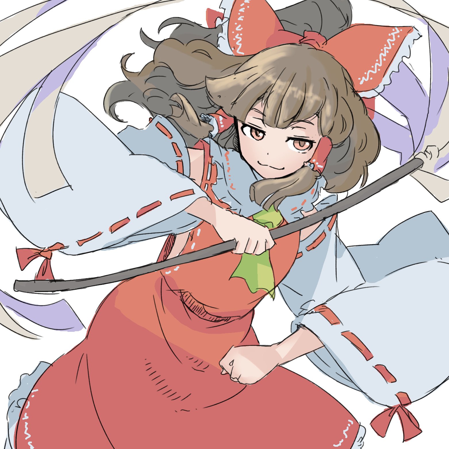 bifidus (exkagerou8665), hakurei reimu, touhou, commentary request, highres, 1girl, :3, bare shoulders, bow, brown hair, detached sleeves, frilled bow, frills, gohei, hair bow, holding, holding gohei, looking at viewer, nontraditional miko, one-hour drawing challenge, red bow, red shirt, red skirt, ribbon-trimmed sleeves, ribbon trim, shirt, simple background, skirt, skirt set, sleeveless, sleeveless shirt, solo, white background, wide sleeves
