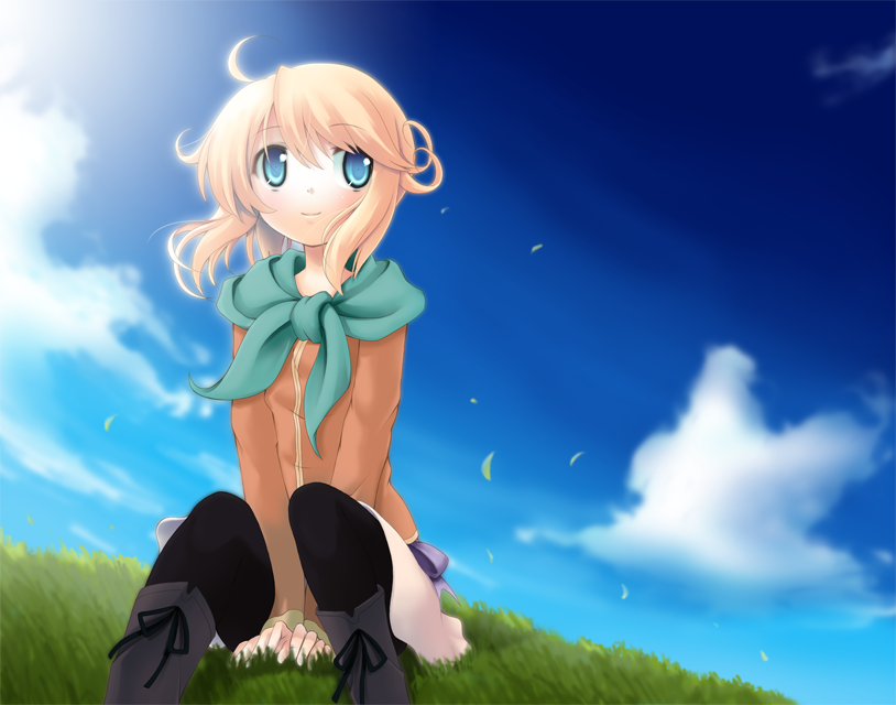 komone ushio, esia mariveninne (komone ushio), original, bad id, bad pixiv id, 1girl, blonde hair, blue eyes, day, female focus, pantyhose, sky, solo, ukomone