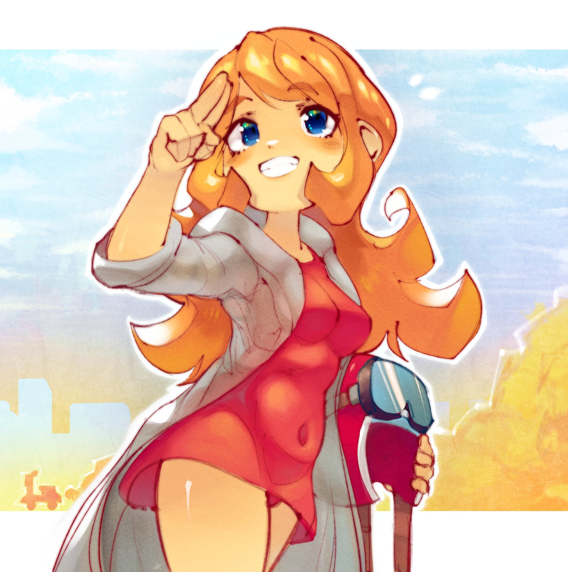 onimiere, mona (warioware), nintendo, warioware, highres, 1girl, blue eyes, breasts, coat, dress, helmet, holding, holding unworn helmet, long hair, microdress, motorcycle helmet, orange hair, panties, red dress, red panties, smile, underwear, unworn headwear, unworn helmet, white coat
