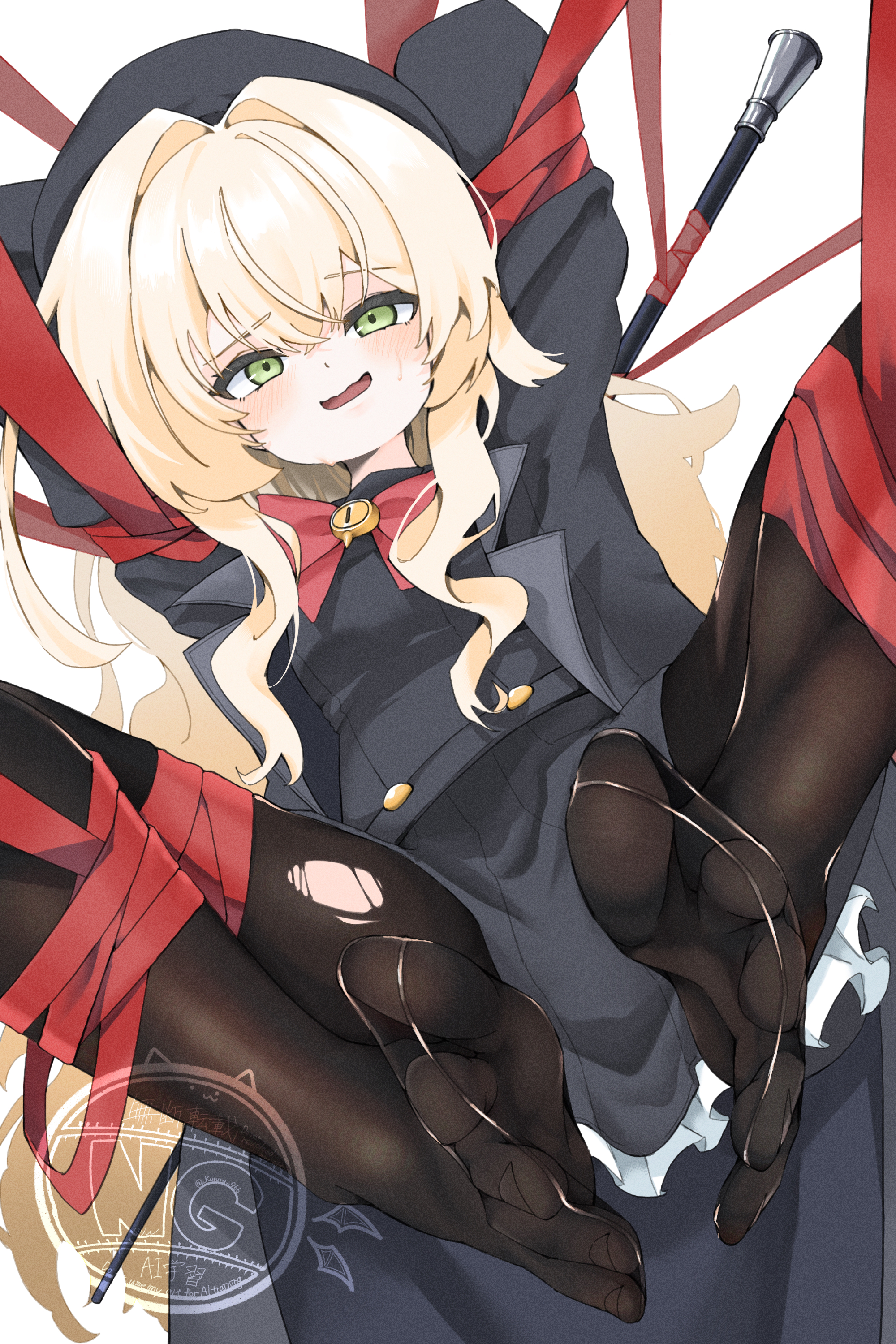 966 kururu 966, professor niyaniya (blue archive), blue archive, fluffy hair, absurdres, commentary, highres, 1girl, arms behind head, beret, black coat, black hat, black pantyhose, black sailor collar, black serafuku, blush, bound, bound arms, bound legs, bow, bowtie, cane, coat, dutch angle, feet, foot focus, green eyes, hair intakes, halo, hat, knees out of frame, looking at viewer, nervous smile, no shoes, open clothes, open coat, pantyhose, red bow, red bowtie, red ribbon, restrained, ribbon, sailor collar, school uniform, serafuku, side ahoge, sidelocks, smile, solo, spread legs, spread toes, suspenders, sweatdrop, toes, torn clothes, torn pantyhose, white background