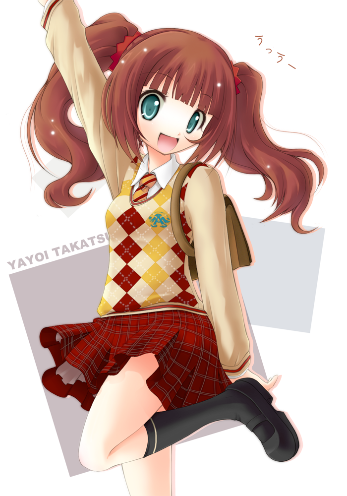 komone ushio, takatsuki yayoi, idolmaster, idolmaster (classic), bad id, bad pixiv id, 00s, 1girl, arm up, blue eyes, brown hair, female focus, kneehighs, open mouth, school uniform, serafuku, socks, solo, twintails, ukomone