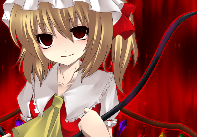 flandre scarlet, touhou, 1girl, blonde hair, blouse, collared shirt, female focus, gradient background, hair between eyes, hat, mob cap, red background, red eyes, shirt, smile, solo, white hat, white shirt, wings