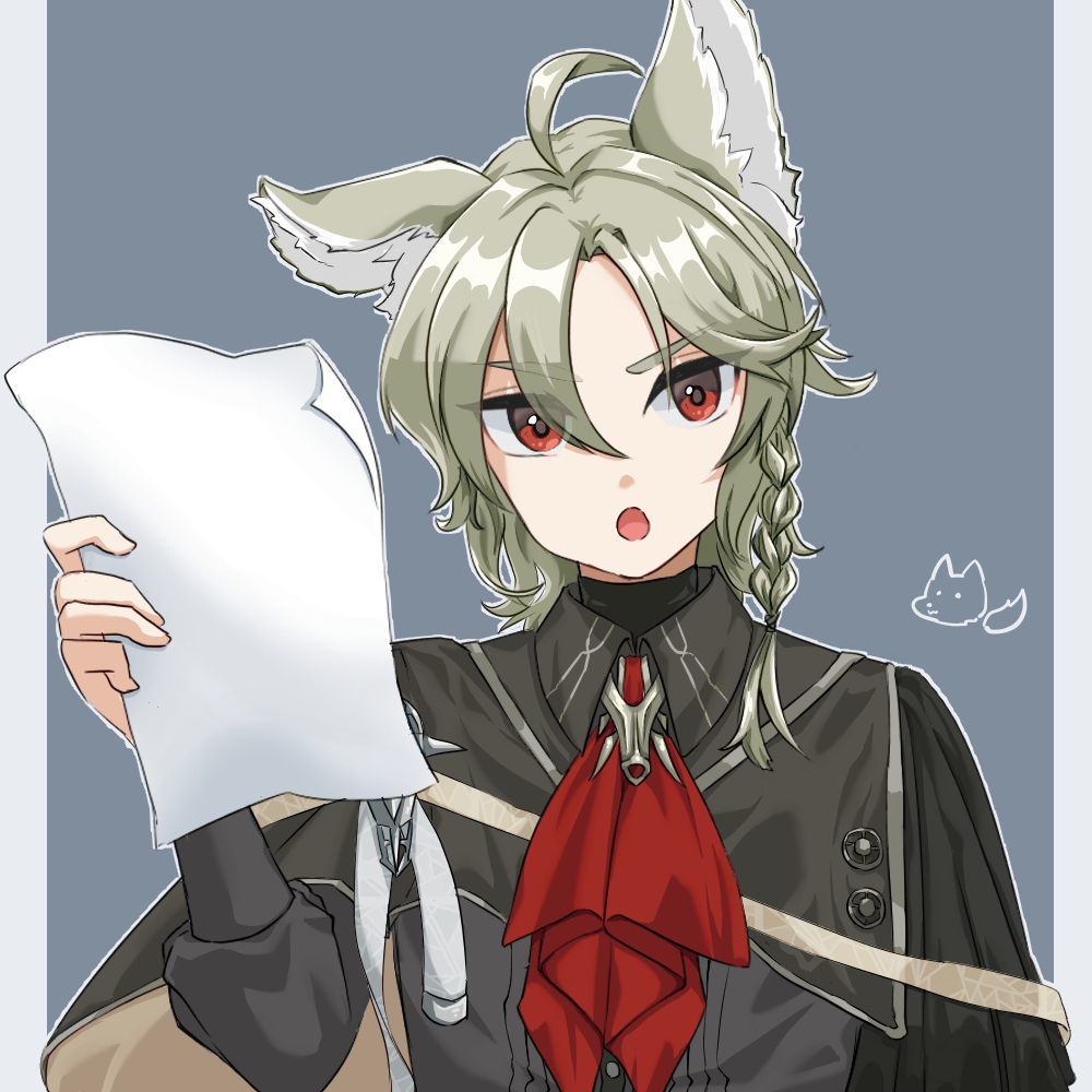 bassline (arknights), arknights, 1boy, ahoge, animal ears, bishounen, black shirt, braid, collared shirt, grey hair, holding, holding paper, kuro 96tngn, male focus, open mouth, paper, red eyes, serious, shirt, short hair, side braid, side cape, simple background, wolf boy, wolf ears
