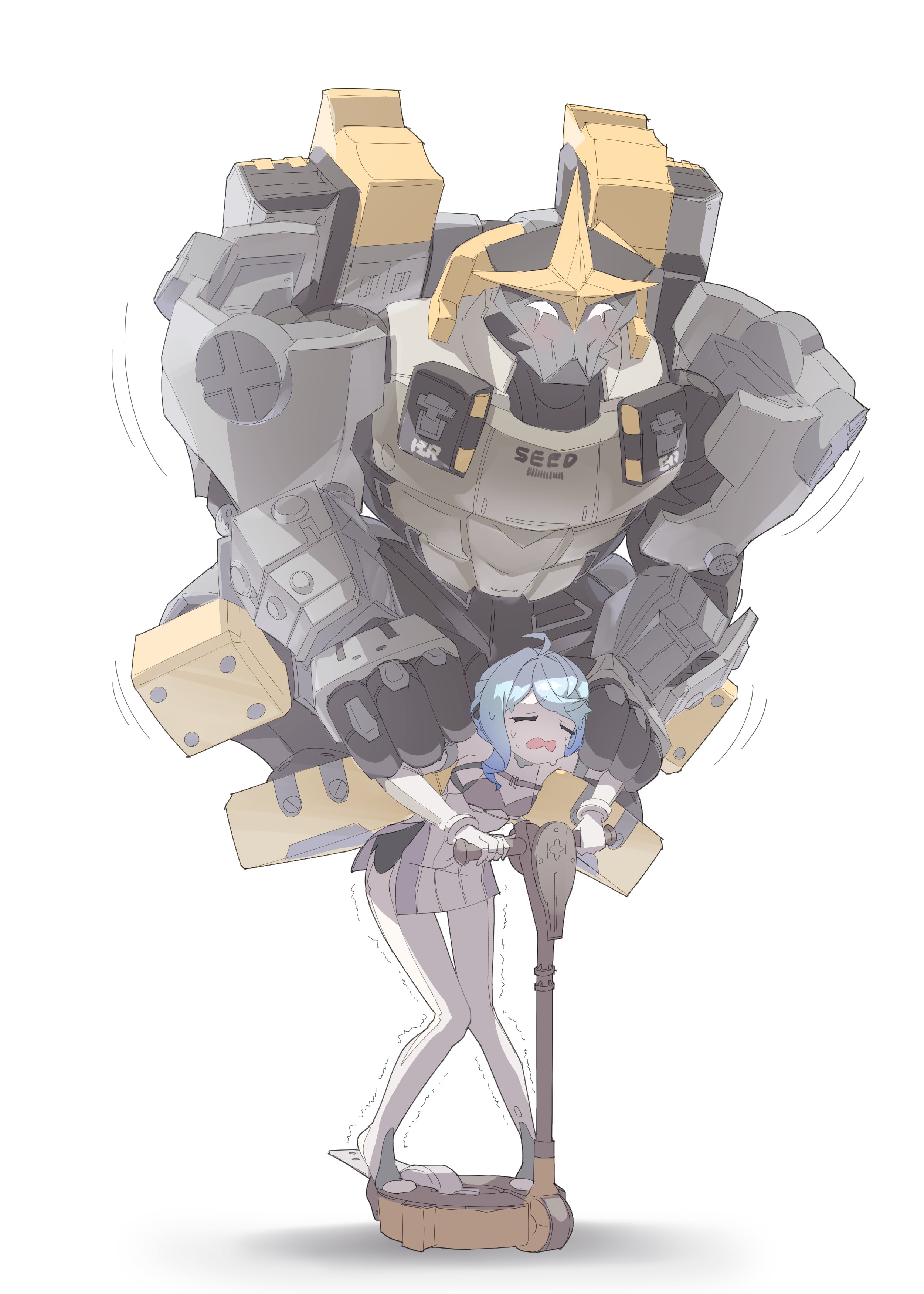 joykoygo, seed (zenless zone zero), zenless zone zero, absurdres, highres, 1girl, ahoge, bare shoulders, blue hair, carrying, closed eyes, elbow gloves, full body, gloves, humanoid robot, long hair, motor vehicle, open mouth, robot, scooter, see-through dress layer, seed sr., shoulder carry, simple background, sweat, trembling, white background
