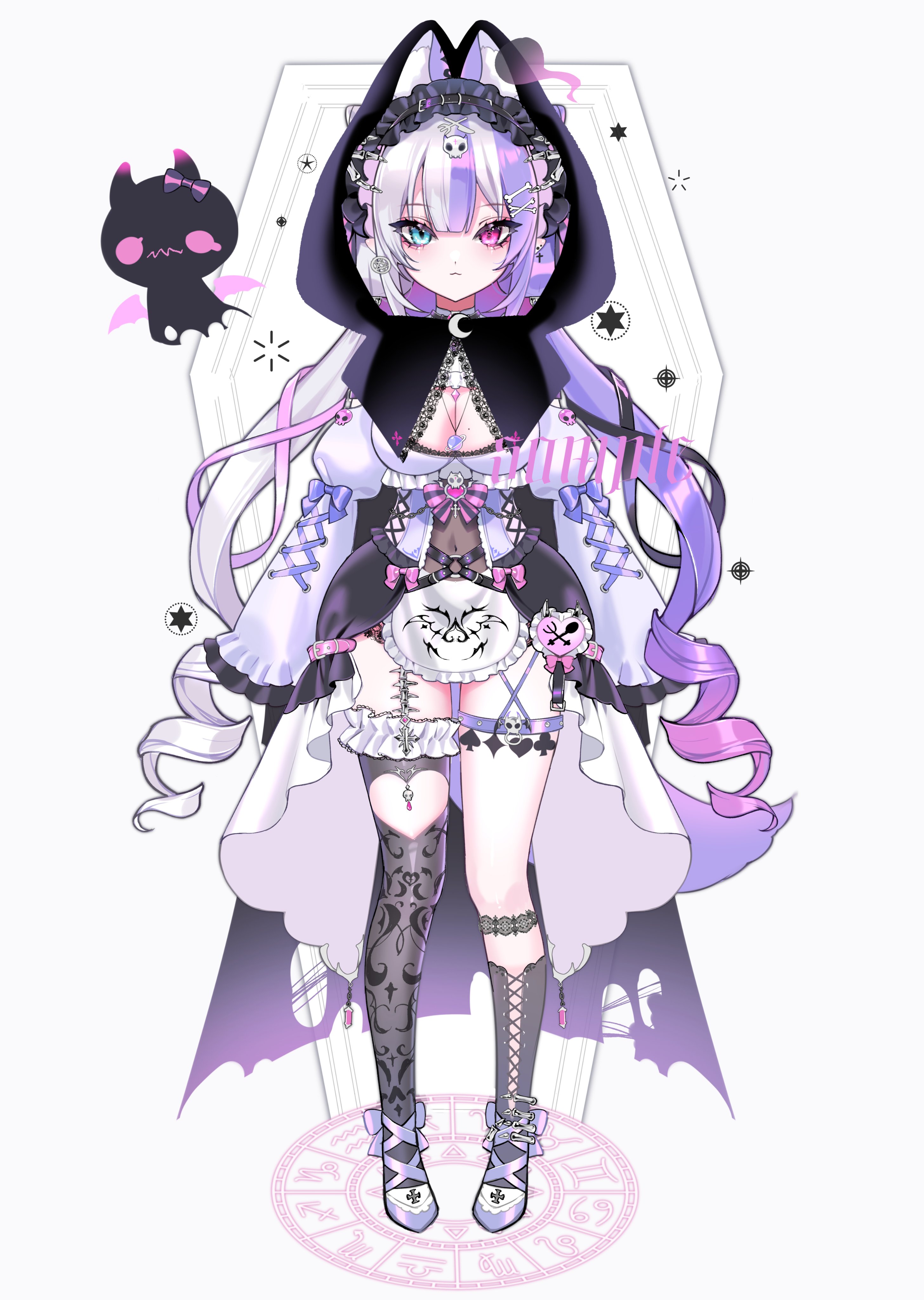 saga666, original, absurdres, commentary, english commentary, highres, 1girl, :o, aegyo sal, animal ears, asymmetrical legwear, black hairband, black hood, black thighhighs, blue eyes, breasts, cat ears, cat girl, cleavage, cleavage cutout, clothing cutout, covered navel, double-parted bangs, dress, frilled dress, frilled sleeves, frills, full body, gem, hair ornament, hairband, heart cutout, heterochromia, high-low dress, hood, hood up, jewelry, large breasts, long hair, long sleeves, looking at viewer, magic circle, mismatched legwear, mole, mole on breast, multicolored hair, necklace, open mouth, pink eyes, pink gemstone, planet necklace, purple hair, purple shoes, sample watermark, shoes, single thighhigh, skull hair ornament, sleeves past fingers, sleeves past wrists, solo, standing, standing on magic circle, straight-on, thigh strap, thighhighs, twintails, two-tone hair, very long hair, watermark, white background, white dress, white hair