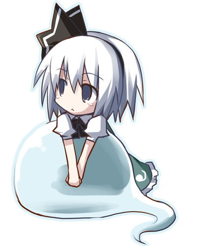 dorua (dollar), konpaku youmu, konpaku youmu (ghost), touhou, lowres, 1girl, chibi, female focus, ghost, hitodama, simple background, solo, white background