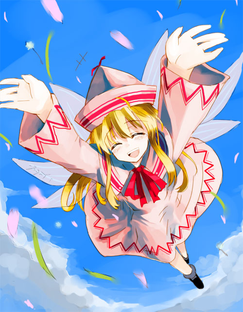lily white, touhou, 1girl, :d, ^ ^, arms up, blonde hair, blush, closed eyes, dress, female focus, foreshortening, hat, long hair, open mouth, outstretched arms, petals, smile, solo, spring (season), tears, wings