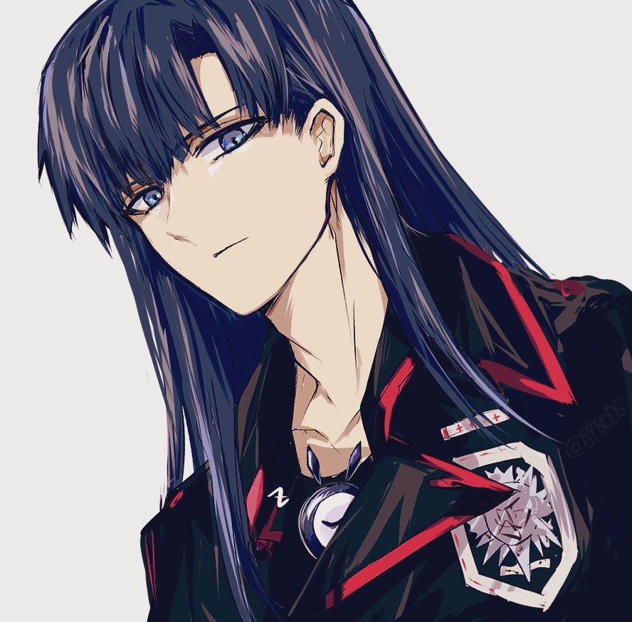 sodamachi, kanda yuu, d.gray-man, 1boy, badge, black jacket, black order uniform, black shirt, blue eyes, blue hair, collarbone, collared jacket, creature, creature in clothes, cross, golem (d.gray-man), grey background, hair between eyes, hair over shoulder, jacket, long hair, looking at viewer, male focus, military, military uniform, mini wings, one-eyed, shirt, signature, simple background, sleeping, solo, striped clothes, striped jacket, twitter username, vertical-striped clothes, vertical-striped jacket, wings
